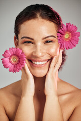 Flowers, skincare and face portrait of a woman with natural beauty and a smile for dermatology....