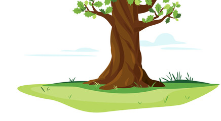 One wide massive old oak tree trunk with green leaves isolated illustration, majestic oak trunk on green meadow with grass in summer day isolated, part of tree - obrazy, fototapety, plakaty