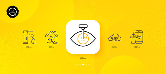 Fototapeta na wymiar Eye laser, Sleep and Quick tips minimal line icons. Yellow abstract background. Tap water, Food app icons. For web, application, printing. Optometry clinic, Sleeping house, Helpful tricks. Vector