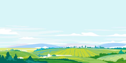 Foto op Canvas Green agricultural fields, hills and meadows, summer countryside with green hills, rural landscape, agricultural land with crops and vineyards in simple colors with blue sky © Oceloti