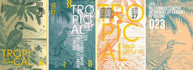 Obraz na płótnie Canvas Tropical background. Bird. Cockatoo. Parrot. Typography posters design. Set of flat vector illustrations. Print, label, cover or t-shirt print design.