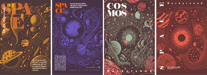 Space. Backgrounds of the universe, cosmic wind, the Milky Way. Typography posters design. Set of flat vector illustrations. Print, label, cover or t-shirt print design. - Powered by Adobe