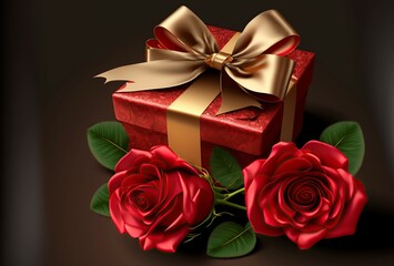 illustration, gift box and roses on Valentine's Day, image generated by AI