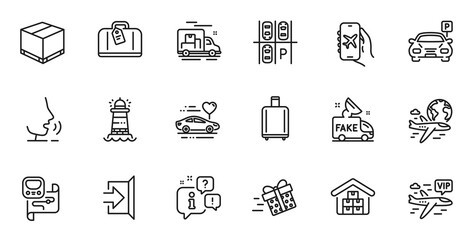 Outline set of Hand baggage, Wholesale goods and Delivery box line icons for web application. Talk, information, delivery truck outline icon. Vector