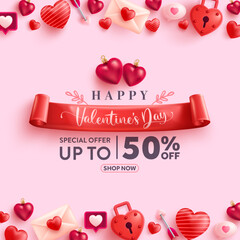 Fototapeta Valentine's Day Sale banner with sweet hearts,speech bubble and valentine elements on pink background.Promotion and shopping template for love and Valentine's day concept. obraz