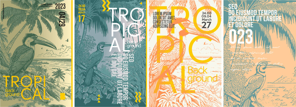 Tropical background. Bird. Cockatoo. Parrot. Typography posters design. Set of flat vector illustrations. Print, label, cover or t-shirt print design.