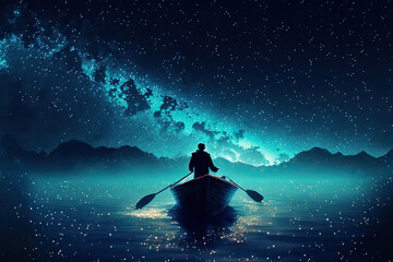 Naklejka na ściany i meble A Man Alone In A Rowing Boat On a Lake At Night Watching The Breathtaking Stars Of The Universe. Generative AI Illustration