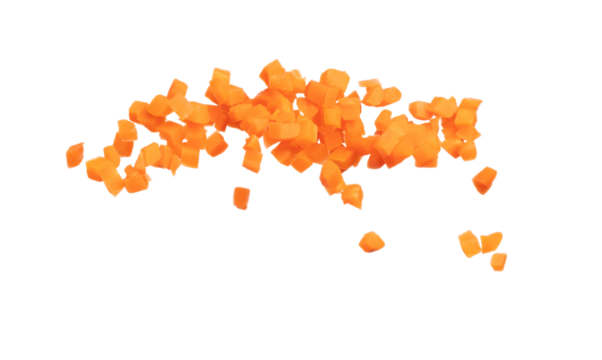 Carrot fresh fly float in Air turn to Cube dice shape. Beta Carotene orange color in Carrot is good health. Many Dice cube carrot flying throw up in Air. White background isolated, high speed