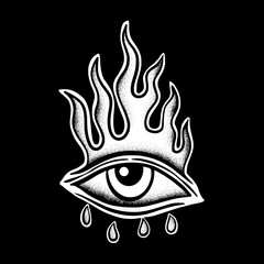 Obraz premium Eye fire vintage art Illustration hand drawn black and white vector for tattoo, sticker, logo etc