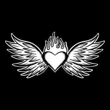 Heart wings art Illustration hand drawn black and white vector for tattoo, sticker, logo etc