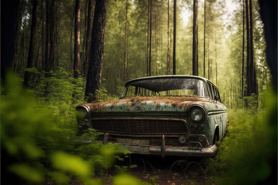 Wracked old rusty Russian car overgrown with foliage in jungle forest illustration generative ai