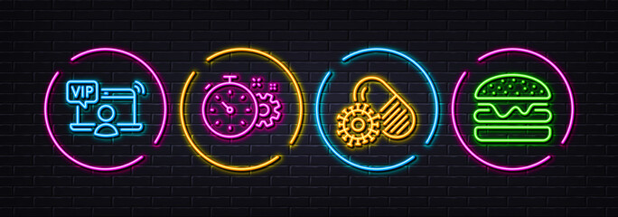 Coronavirus pills, Cogwheel timer and Vip access minimal line icons. Neon laser 3d lights. Burger icons. For web, application, printing. Vaccine, Engineering tool, Exclusive privilege. Vector