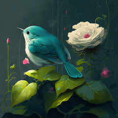 a small song bird with flower. Spring concept. Art created with Generative AI technology