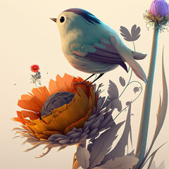 a small song bird with flower. Spring concept. Art created with Generative AI technology