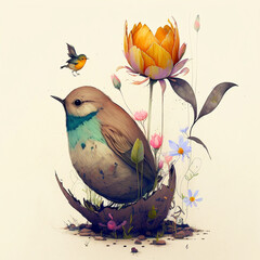 A small song bird with flower. Spring concept. Art created with Generative AI technology
