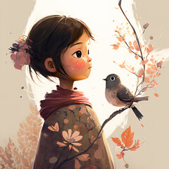 a small girl and songbird with flowers. Spring concept. Art created with Generative AI technology
