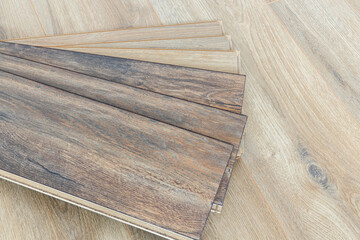 Wooden floor samples of laminate. Timber, laminate flooring.