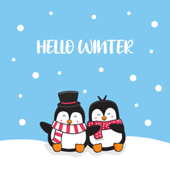 Cute penguin couple greeting hello winter cartoon doodle card background illustration