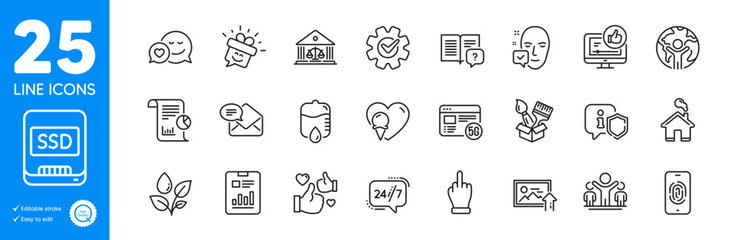 Outline icons set. Smile, Like video and Upload photo icons. Middle finger, Court building, Like web elements. Winner, 5g internet, Instruction manual signs. Report, 24h service, New mail. Vector