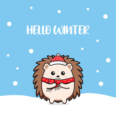 Cute hedgehog greeting hello winter cartoon doodle card background illustration flat cartoon style