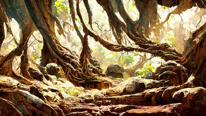 forest Mayan style tree caver illustration art Generative AI Content by Midjourney