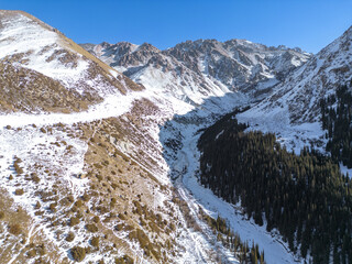 Fototapeta premium Aerial view of snow capped mountains and fir trees in the winter park