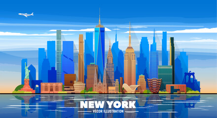 New York skyline in the sky background. Flat vector illustration. Business travel and tourism concept with modern buildings. Image for banner or website.