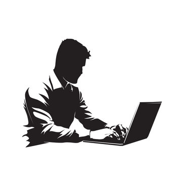Programmer, html coder sitting at table and working on laptop, isolated vector silhouette. Business man