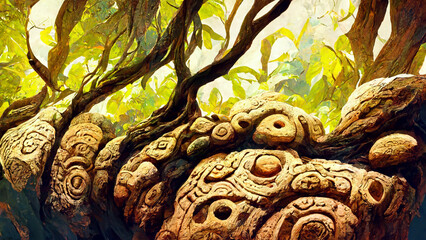 forest Mayan style tree Stone illustration art Generative AI Content by Midjourney