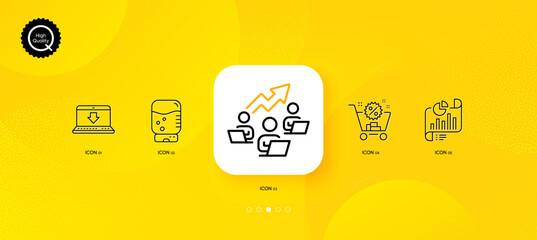 Fototapeta na wymiar Report document, Teamwork chart and Internet downloading minimal line icons. Yellow abstract background. Shopping cart, Water cooler icons. For web, application, printing. Vector