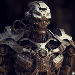 Warforged robot made of silver with a complicated face, natural background