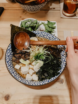 Bowl of Japanese ramen with tofu, mushrooms and algae 