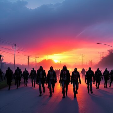 Zombie horde walking down the street at sunset