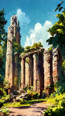 Obraz premium Ancient ruins of ancient city or empire history in forest illustration art Generative AI Content by Midjourney