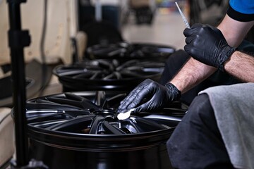 Employee of a car detailing studio applies a protective ceramic coating to a car rim - obrazy, fototapety, plakaty