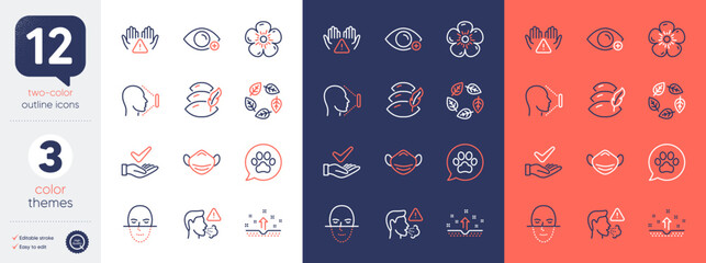 Set of Farsightedness, Face id and Dermatologically tested line icons. Include Pets care, Medical mask, Clean hands icons. Face recognition, Cough, Pillow web elements. Clean skin. Vector