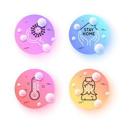 Coronavirus research, Thermometer and Stay home minimal line icons. 3d spheres or balls buttons. Nurse icons. For web, application, printing. Vector