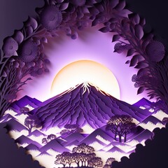 Tour and travel advertising, postcard, purple diorama of world famous landmark of Japan in paper cut style ,made with Generative AI