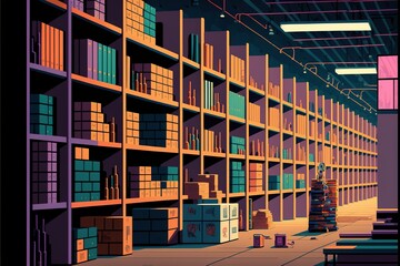 Warehouse facility with tall shelves, storage unit ,made with Generative AI
