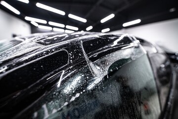 Colorless protective ppf film on the roof of a modern car. The foil protects the car paint from...