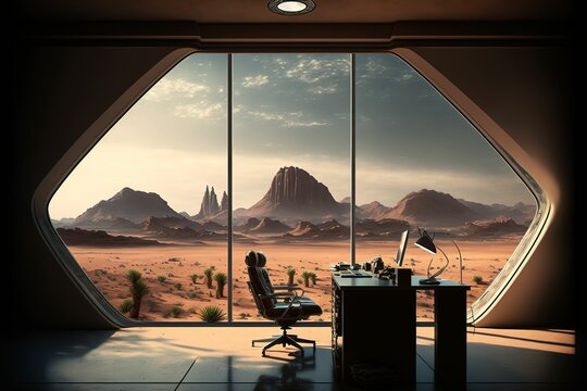 Luxury office space, alien world futuristic ,made with Generative AI