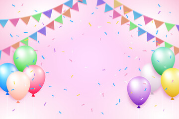 Abstract holiday background with colorful flags, balloons  and confetti. Can be used for celebrate, festive, promotion and birthday card or invitation. Vector Illustration