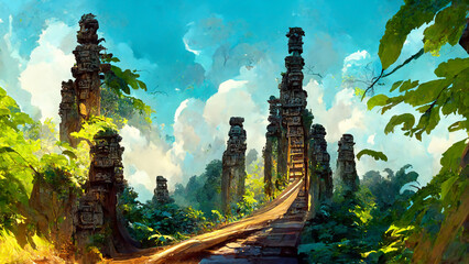 forest Mayan style adventures bridge illustration art Generative AI Content by Midjourney