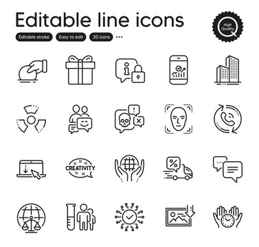 Set of Business outline icons. Contains icons as Download photo, Skyscraper buildings and Donate elements. Delivery discount, Magistrates court, Face detection web signs. Chemical hazard. Vector