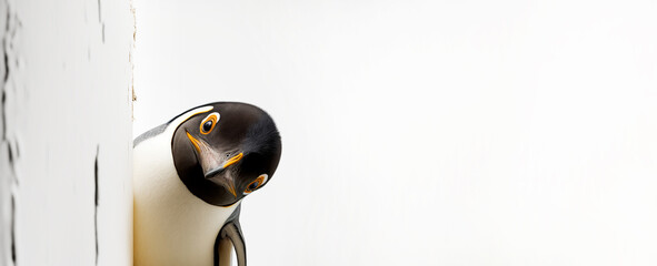 Curious penguin peeking around a corner against a white background created with Generative AI technology. Copy space. - obrazy, fototapety, plakaty