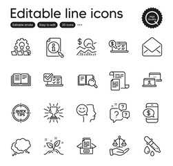 Set of Education outline icons. Contains icons as Search book, Trophy and Justice scales elements. Search, Mail, Phone payment web signs. Question bubbles, Outsource work. Vector