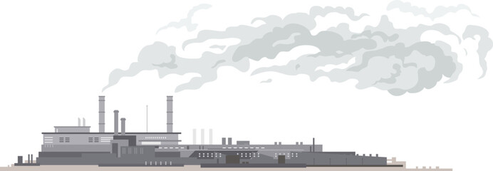 Industrial plant with long gray clouds of smoke from pipes isolated composition, factory buildings silhouette, environmental pollution, smog and fog in air, flat style isolated
