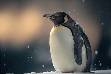 Portrait of a penguin in a snowy landscape. Playful, happy animal. Soft sunset background with copy space. Generative AI - obrazy, fototapety, plakaty