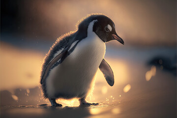 Portrait of a penguin in a snowy landscape. Playful, happy animal. Soft sunset background. Generative AI - obrazy, fototapety, plakaty