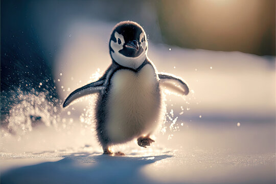 Portrait of a penguin in a snowy landscape. Playful, happy animal. Soft sunset background. Generative AI
